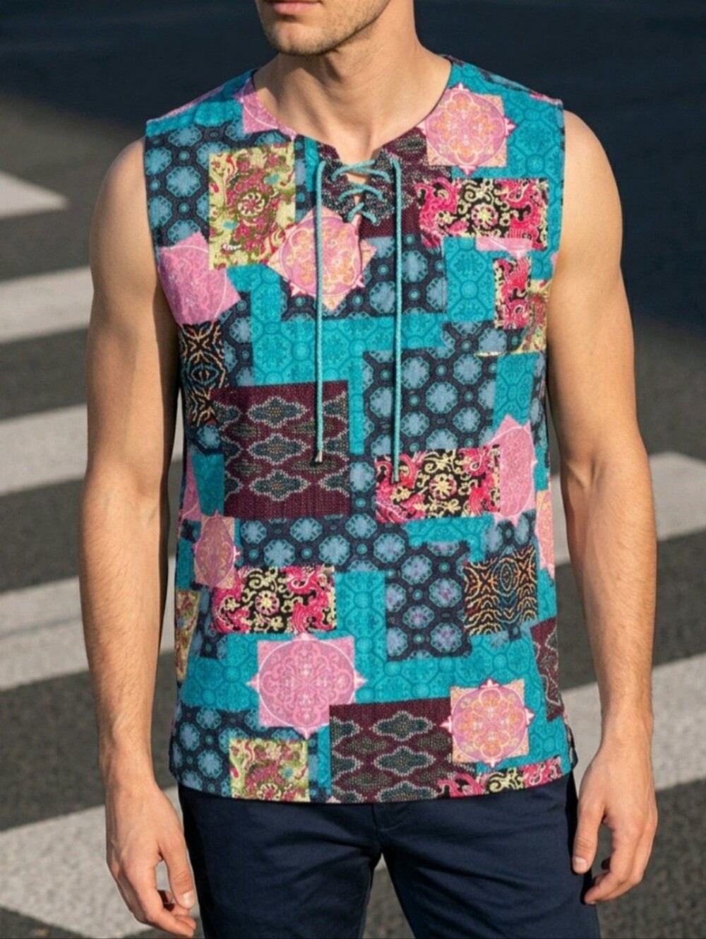 🔥💪 COOFANDY Mens Festival BURNING MAN Bohemian Patchwork Sleeveless Shirt L